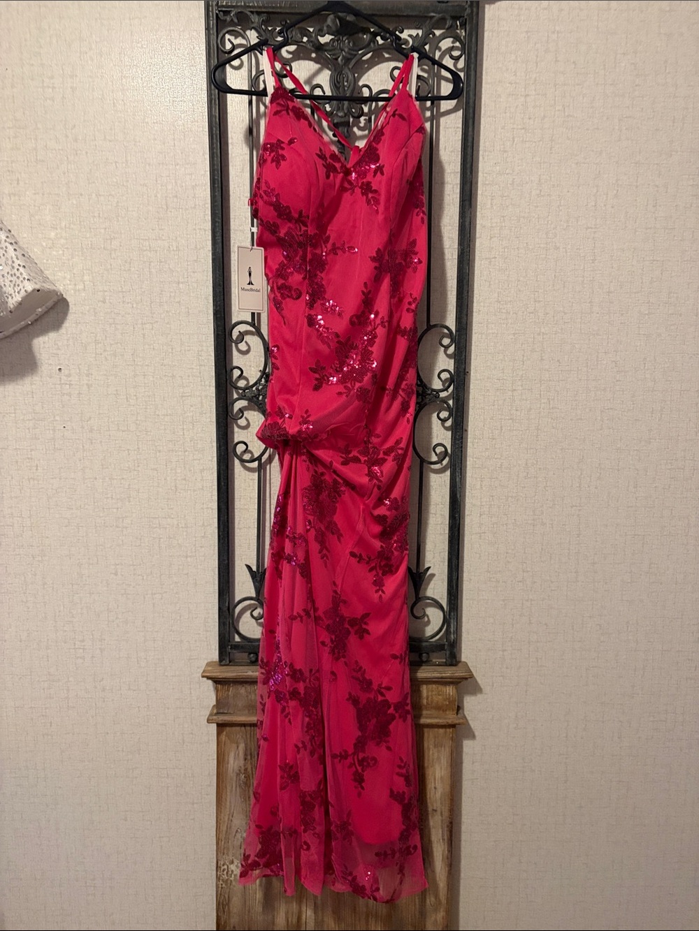 Muse Hot Pink Floral Sequin Slip Gown
